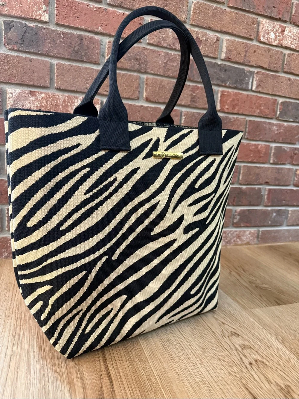 Joy Mangano Black Cream Zebra Knit Tote Bag Large Shopper NWOT